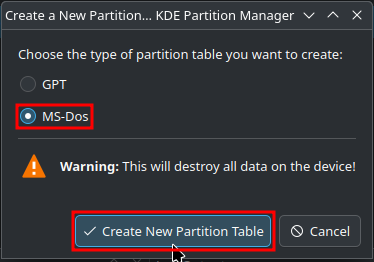 Partition Table Settings